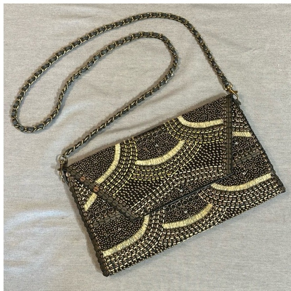 Cleobella Bronze Metal Pieces & Hand Beaded Design Clutch Evening Purse